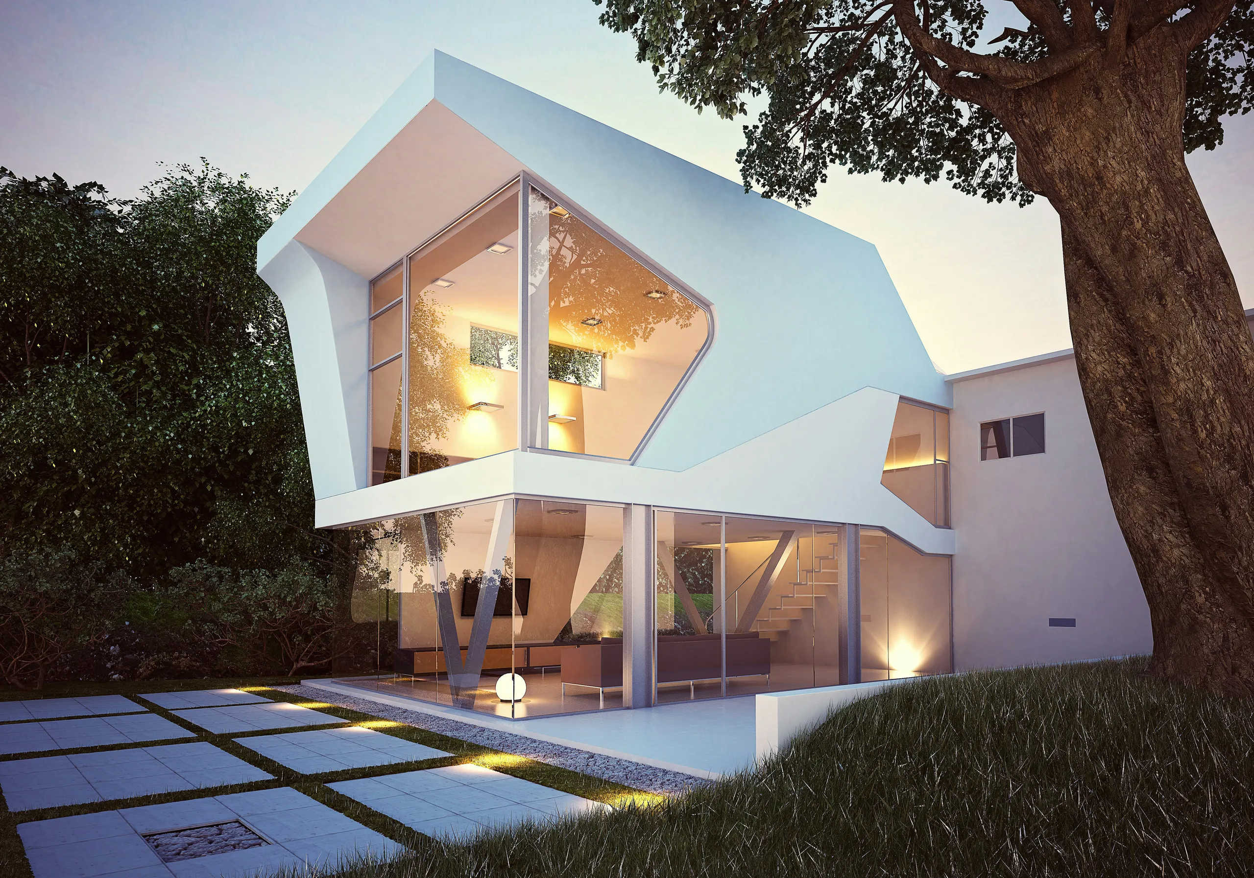 Casa blanca moderna de volumen geométrico con grandes cristaleras y terraza al atardecer